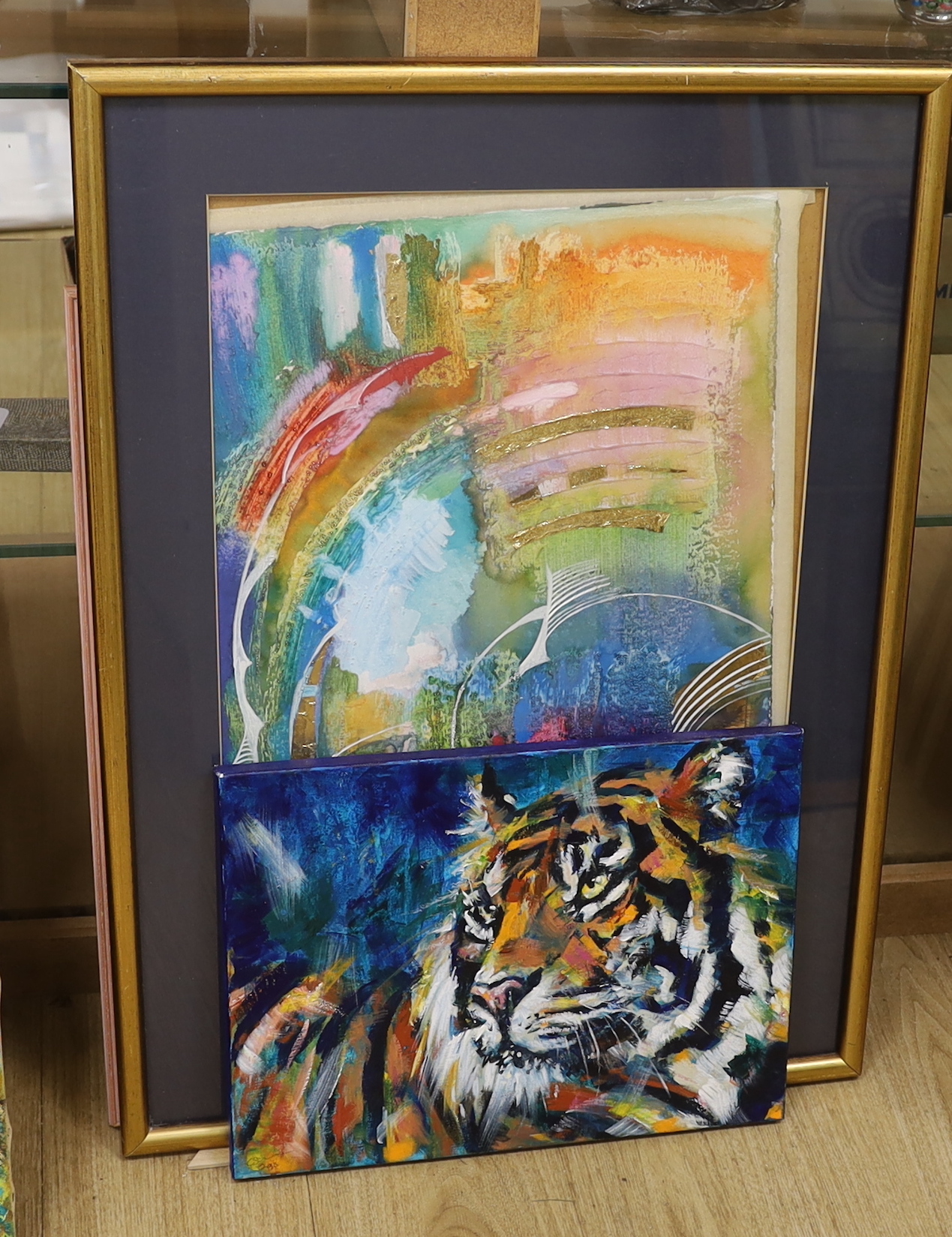 Keith Clements (1931-2003) pastel, study of a girl, signed, together with an abstract mixed media, signed J Rogers and an oil on canvas, study of a tiger, largest 57 x 38cm